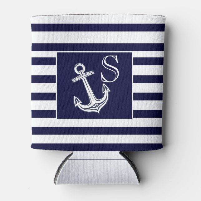 Monogram Nautical Anchor Navy Blue  White stripes  Can Cooler (Front)
