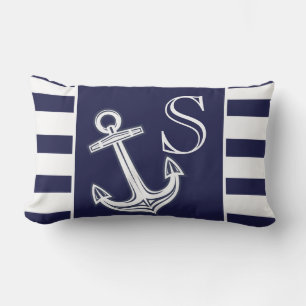 Monogram Nautical Anchor Navy Blue  White stripes  Lumbar Cushion