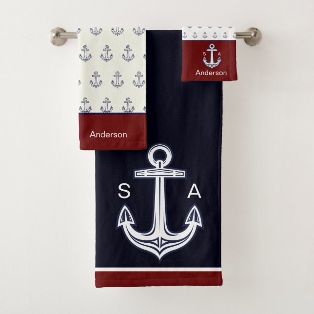 Monogram Nautical Anchor Navy White Maroon Coastal Bath Towel Set (Insitu)