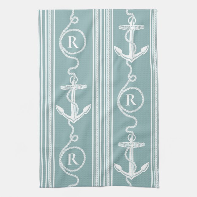 Monogram Nautical Anchor Rope Neutral Turquoise Tea Towel (Vertical)