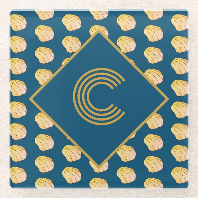 Monogram Nautical Blue Gold Watercolor Clam Shells Glass Coaster (Front)