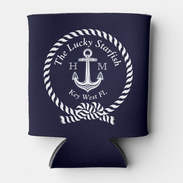 Monogram Nautical Boat Name Anchor Rope Navy  Can Cooler (Front)