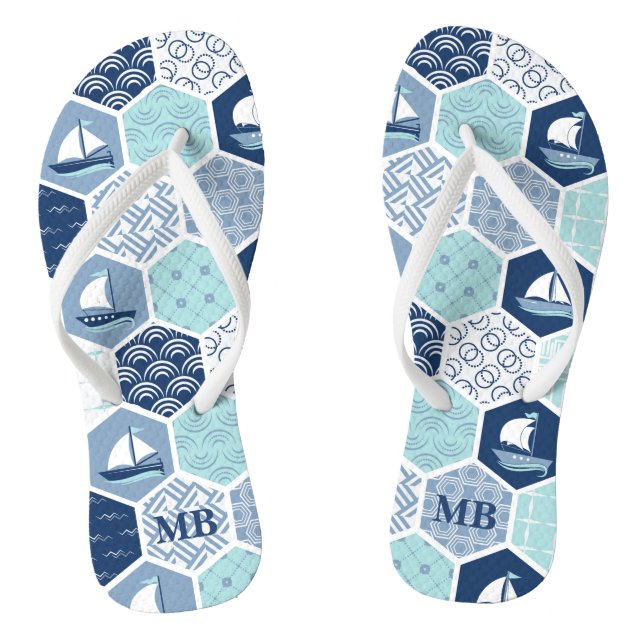 Monogram Nautical Modern Boat Blue Personalised Flip Flops (Footbed)