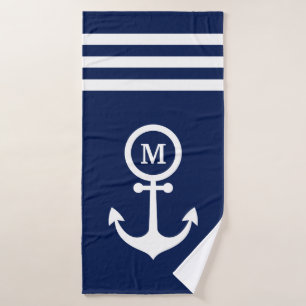 Monogram Nautical Navy Blue Anchor Stripes Custom Bath Towel