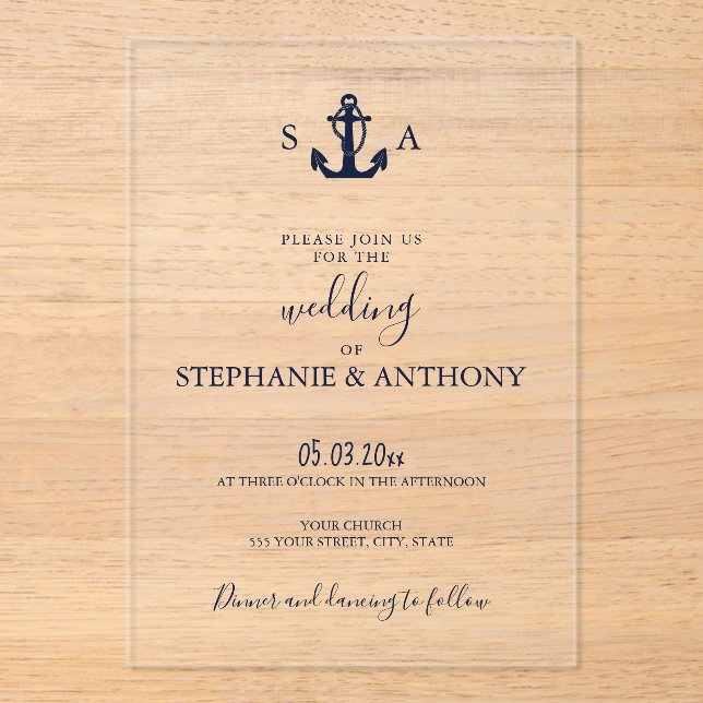 Monogram Nautical Navy Blue Anchor Wedding     Acrylic Invitations (Front)