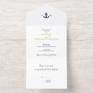 Monogram Nautical Navy Blue Anchor Wedding All In One Invitation