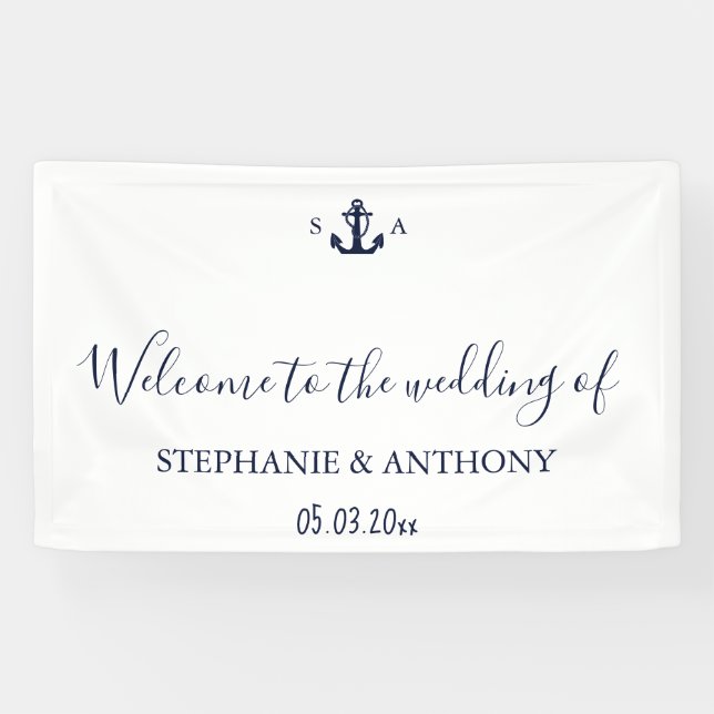 Monogram Nautical Navy Blue Anchor Wedding     Banner (Horizontal)