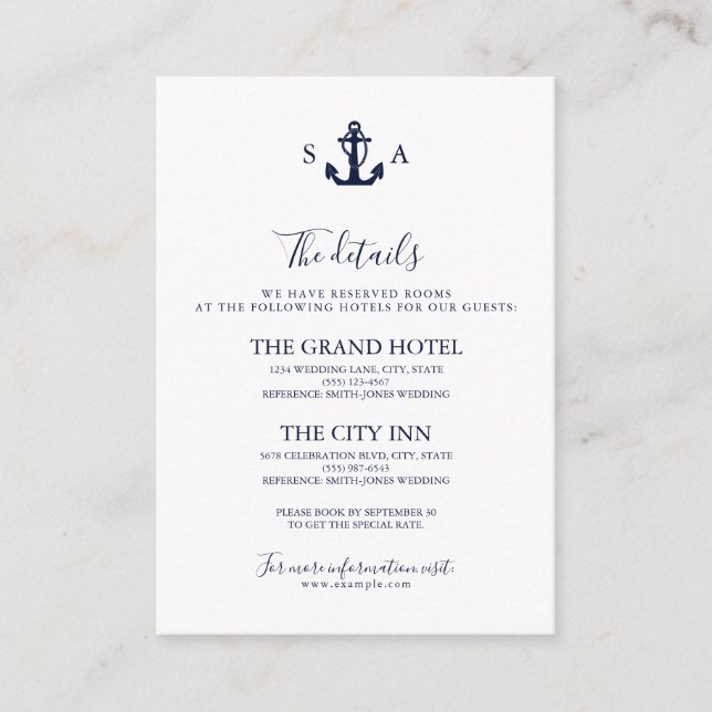 Monogram Nautical Navy Blue Anchor Wedding     Enclosure Card (Front)