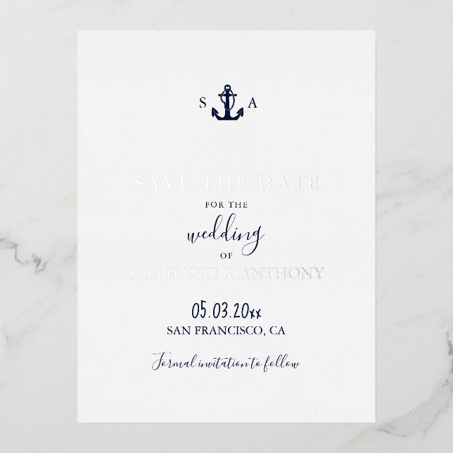 Monogram Nautical Navy Blue Anchor Wedding    Foil Holiday Postcard (Front)
