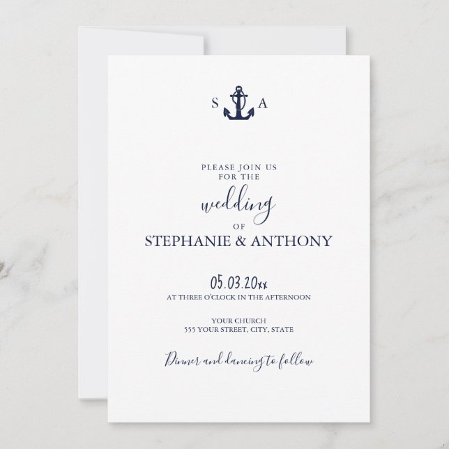 Monogram Nautical Navy Blue Anchor Wedding    Invitation (Front)
