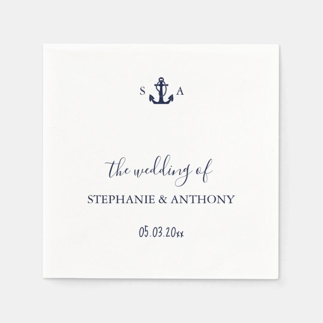 Monogram Nautical Navy Blue Anchor Wedding    Napkin (Front)