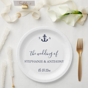 Monogram Nautical Navy Blue Anchor Wedding    Paper Plate