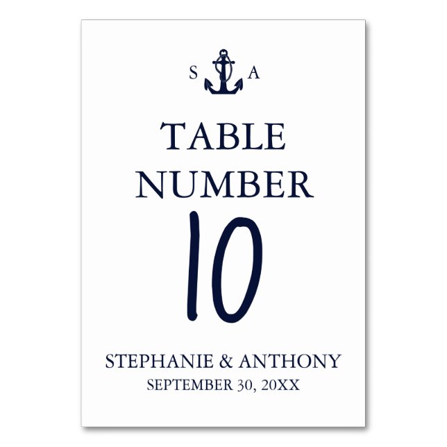 Monogram Nautical Navy Blue Anchor Wedding    Table Number (Front)