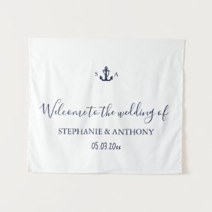 Monogram Nautical Navy Blue Anchor Wedding Tapestry