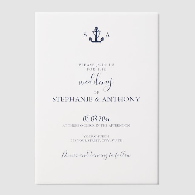 Monogram Nautical Navy Blue Anchor Wedding    Vellum Invitations (Front)