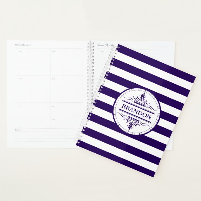 Monogram Nautical Navy Blue Stripes Planner (Display)