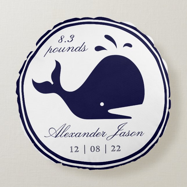 Monogram Nautical Navy Blue Whale white coastal   Round Cushion (Front)