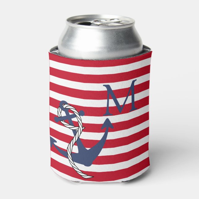 Monogram Nautical Red White Stripe Navy Anchor Can Cooler (Can Front)