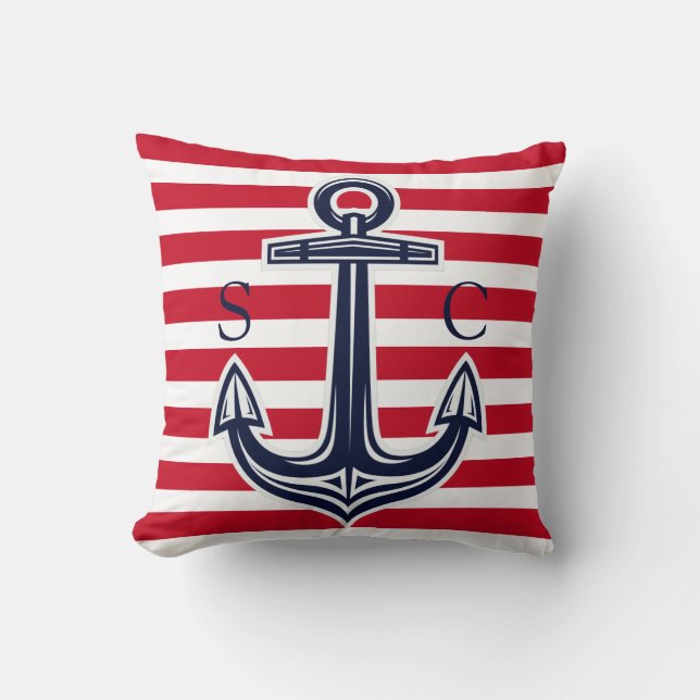Monogram Nautical Red White Stripe Navy Anchor Cushion (Front)