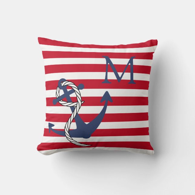 Monogram Nautical Red White Stripe Navy Anchor  Th Cushion (Front)