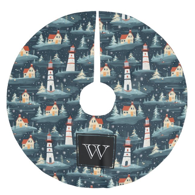 Monogram Nautical Sea Lighthouse  Brushed Polyester Tree Skirt (Front)
