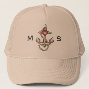 Monogram. Nautical. Vintage Anchor Tattoo. Trucker Hat