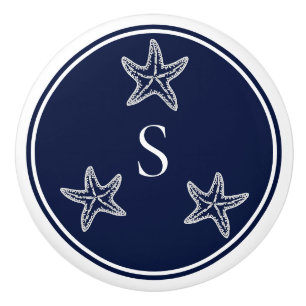Monogram Nautical White Navy Blue Starfish Beach C Ceramic Knob