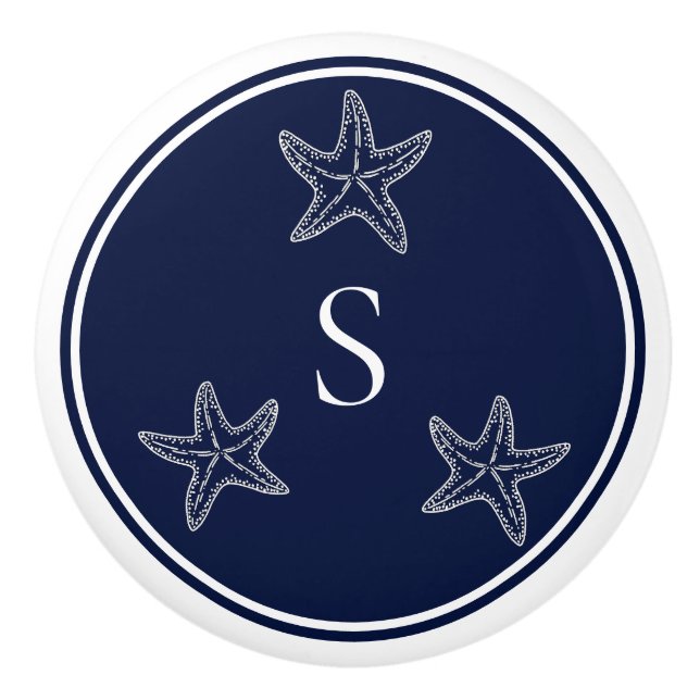 Monogram Nautical White Navy Blue Starfish Beach C Ceramic Knob (Front)