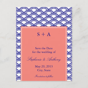 Monogram Navy and Coral Seigaiha Pattern Wedding Announcement Postcard
