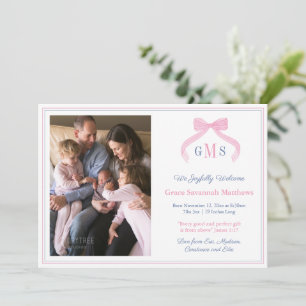 Monogram Navy And Pink Bow Welcome Baby Girl Photo Announcement