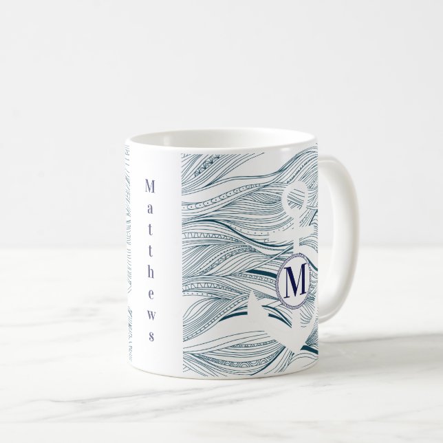Monogram Navy and White Nautical Anchor Coffee Mug (Front Right)