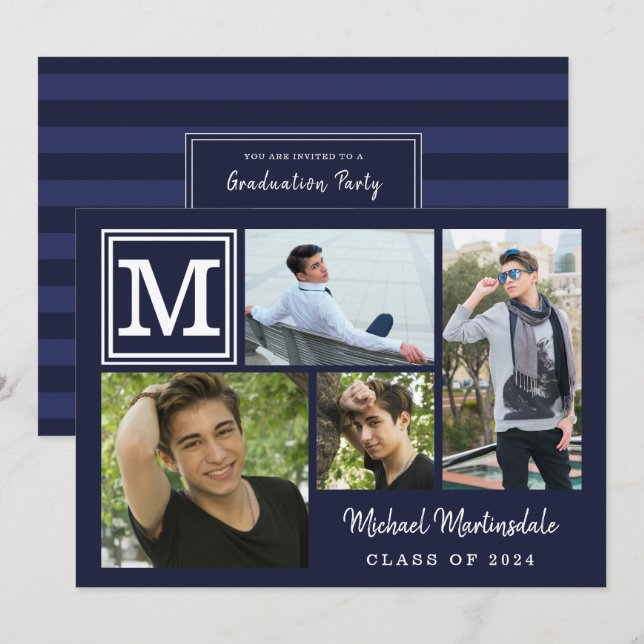 Monogram Navy Blue 4-Photo Graduation Party Invitation (Front/Back)