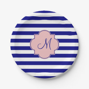 Monogram Navy Blue and Baby Pink Striped Pattern Paper Plate