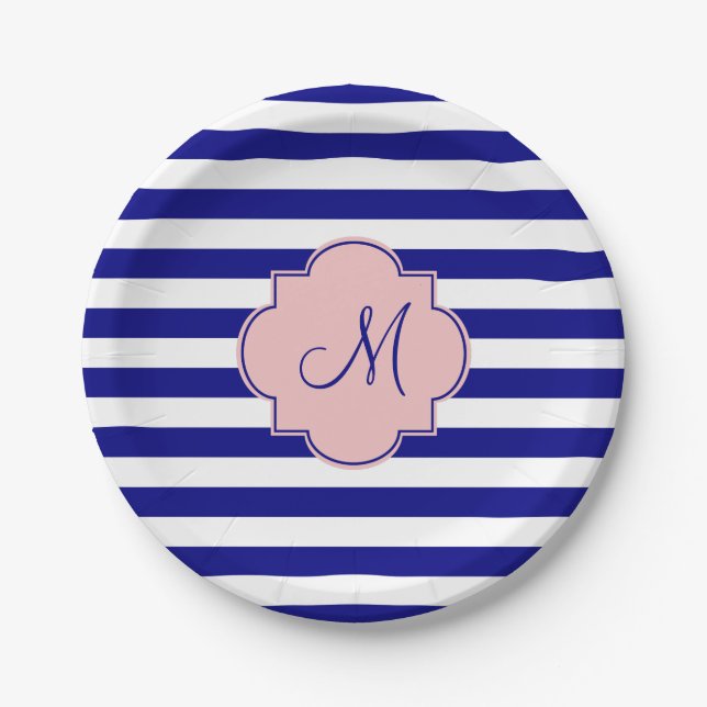 Monogram Navy Blue and Baby Pink Striped Pattern Paper Plate (Front)