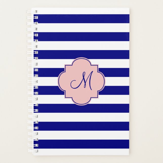 Monogram Navy Blue and Baby Pink Striped Pattern Planner (Front)