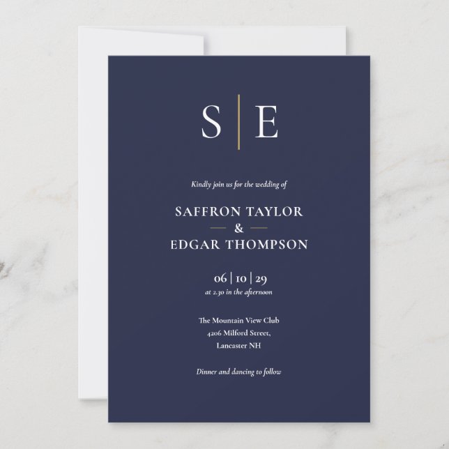 Monogram Navy Blue And Gold All In One Wedding Invitation (Front)