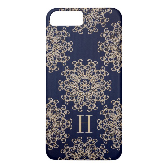 Monogram Navy Blue and Gold Exotic Medallion Case-Mate iPhone Case (Back)