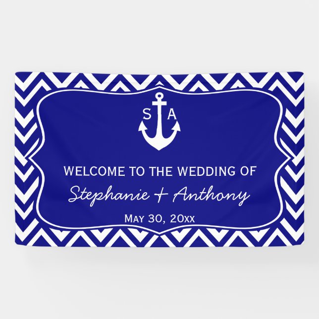 Monogram Navy Blue and White Nautical Wedding Banner (Horizontal)