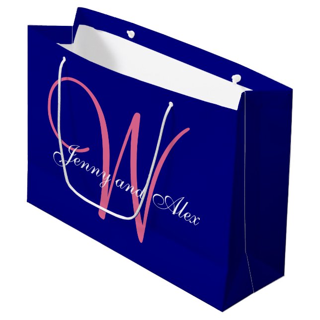 Monogram Navy Blue Azalea Pink Wedding Large Gift Bag (Front Angled)