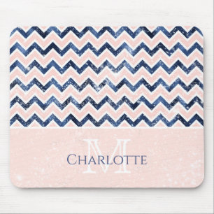 Monogram Navy Blue Blush Pink Name Mouse Mat