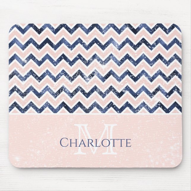 Monogram Navy Blue Blush Pink Name Mouse Mat (Front)