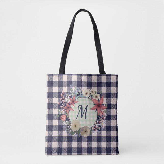 Monogram Navy Blue Checks | You Customise Tote Bag (Front)