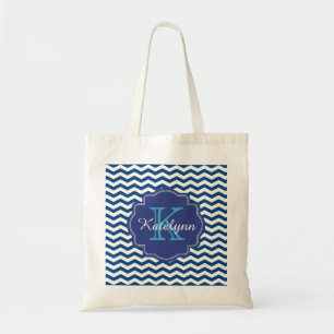 Monogram Navy Blue Chevron Zigzag Custom Tote Bag