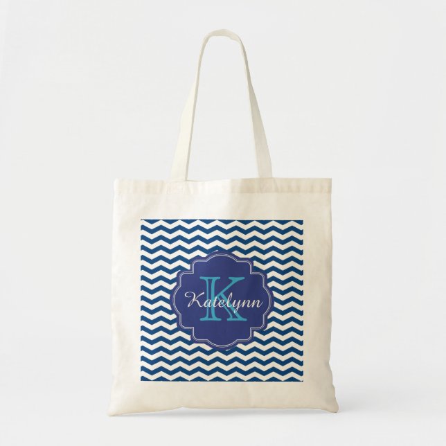 Monogram Navy Blue Chevron Zigzag Custom Tote Bag (Front)