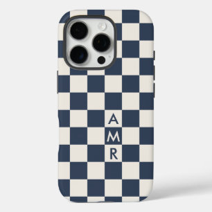 Monogram Navy Blue Cream Chequered Pattern iPhone 16 Pro Case