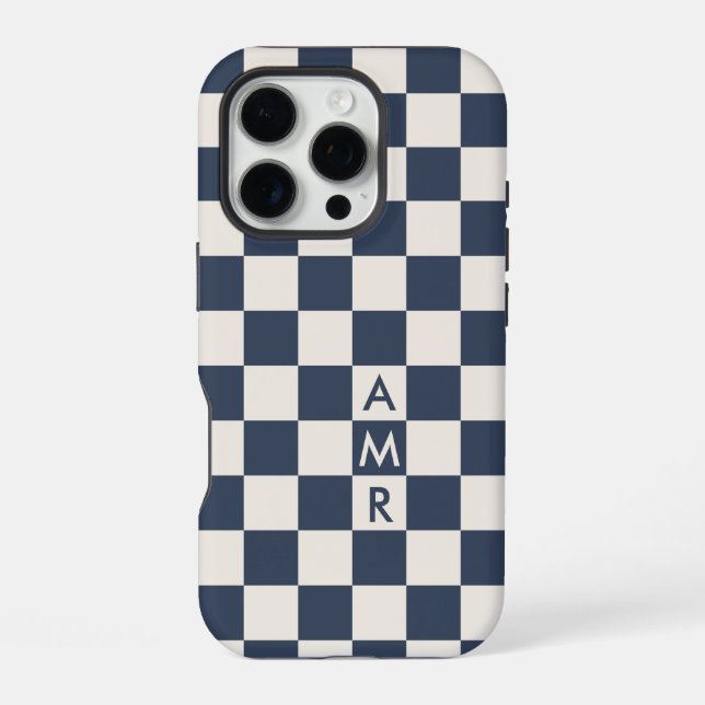 Monogram Navy Blue Cream Chequered Pattern iPhone Case (Back)