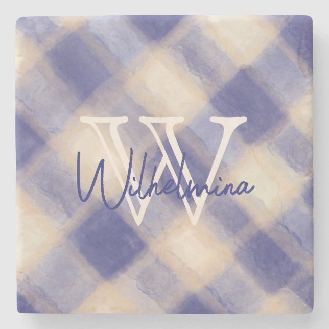 Monogram navy blue cream plaid tartan gingham  stone coaster (Front)