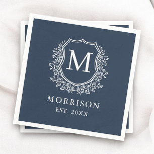 Monogram Navy Blue Crest Botanical Wedding Napkin