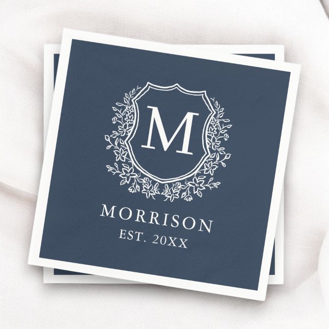 Monogram Navy Blue Crest Botanical Wedding  Napkin (Creator Uploaded)
