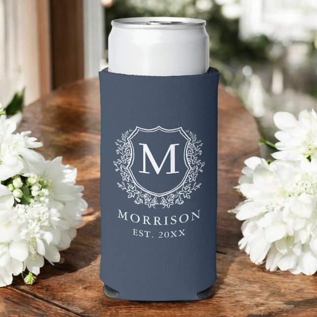 Monogram Navy Blue Crest Botanical Wedding  Seltzer Can Cooler (Creator Uploaded)